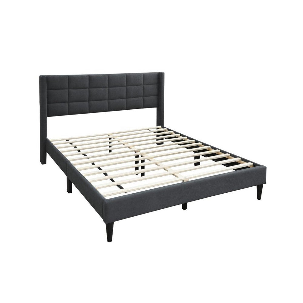 Meno Queen Size Bed, Square Stitched Charcoal Gray Linen Upholstery -BM332427