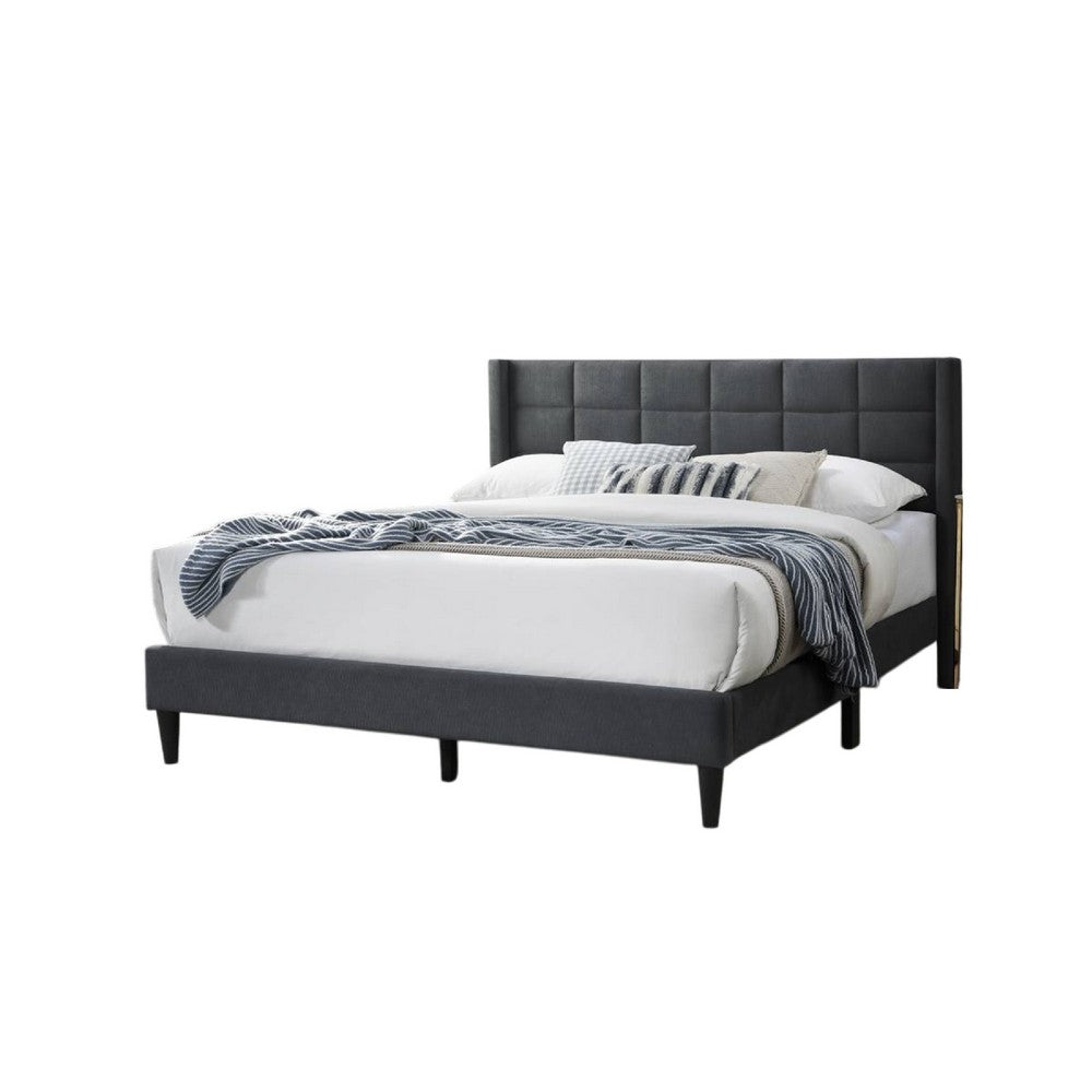 Meno Queen Size Bed, Square Stitched Charcoal Gray Linen Upholstery -BM332427