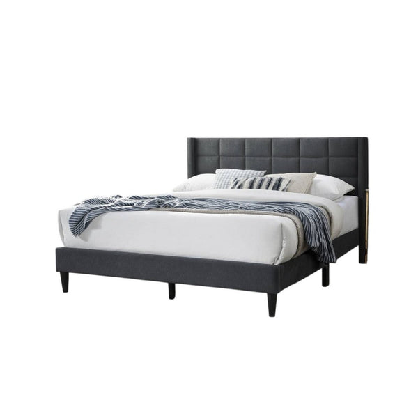Meno Queen Size Bed, Square Stitched Charcoal Gray Linen Upholstery -BM332427