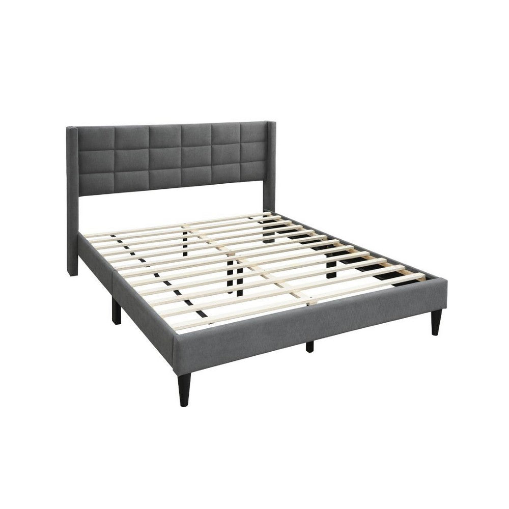 Meno Queen Size Bed, Square Stitched Slate Gray Linen Upholstery -BM332428