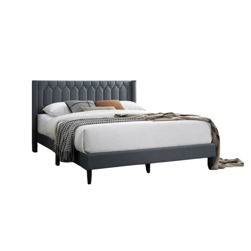 Jeo Queen Size Bed, Geometric Stitched Charcoal Gray Burlap Upholstery -BM332429
