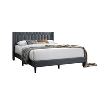 Jeo Queen Size Bed, Geometric Stitched Charcoal Gray Burlap Upholstery -BM332429
