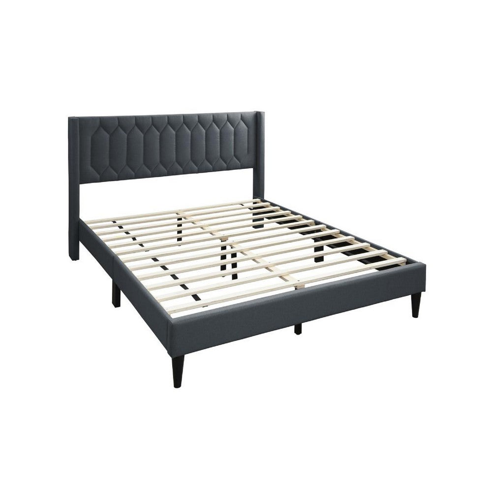 Jeo Queen Size Bed, Geometric Stitched Charcoal Gray Burlap Upholstery -BM332429
