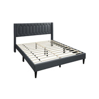 Jeo Queen Size Bed, Geometric Stitched Charcoal Gray Burlap Upholstery -BM332429