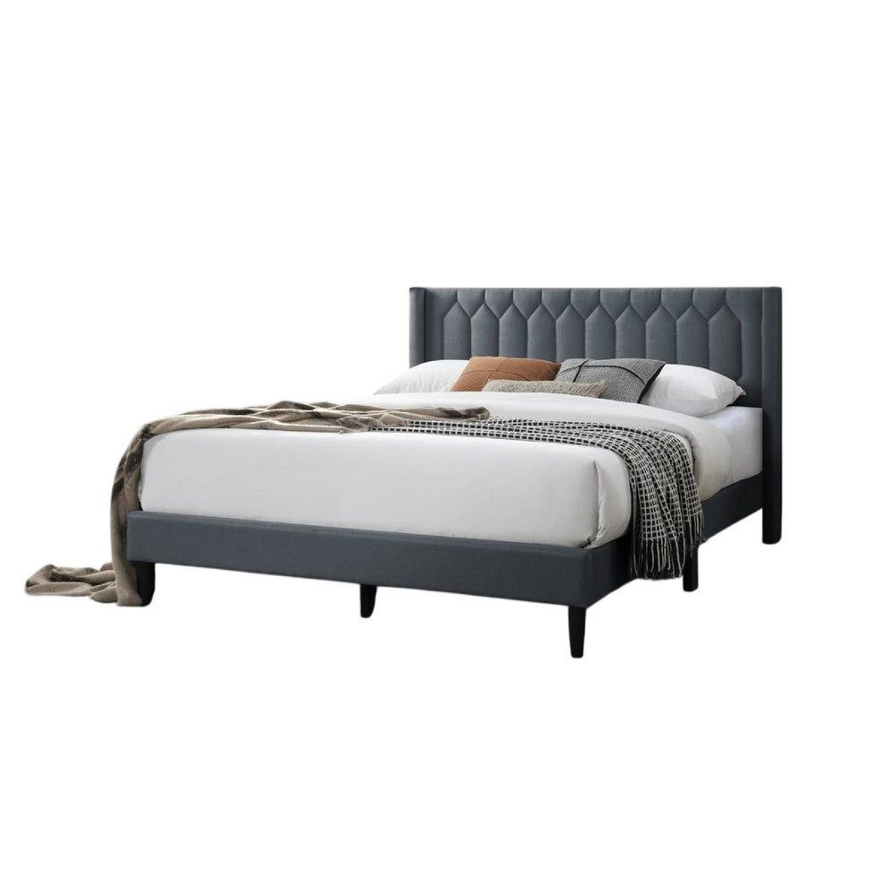 Jeo Queen Size Bed, Geometric Stitched Charcoal Gray Burlap Upholstery -BM332429