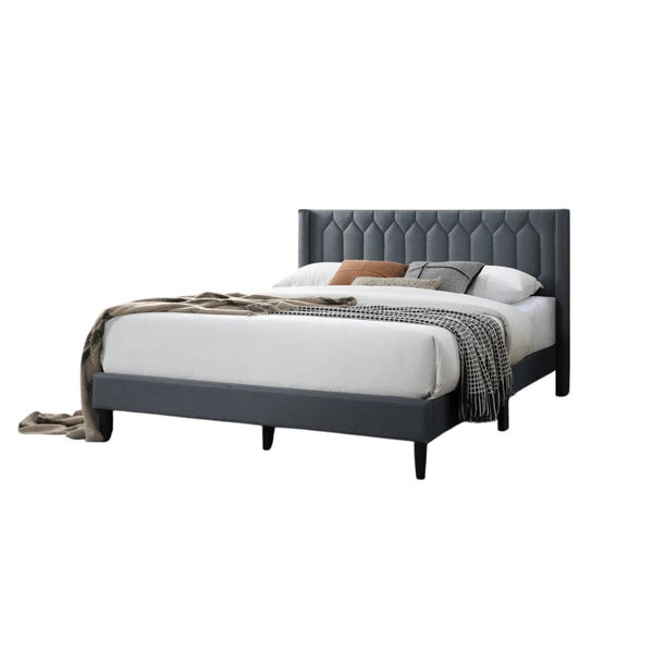 Jeo Queen Size Bed, Geometric Stitched Charcoal Gray Burlap Upholstery -BM332429
