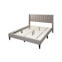 Jeo Queen Size Bed, Geometric Stitched Light Brown Burlap Upholstery -BM332430