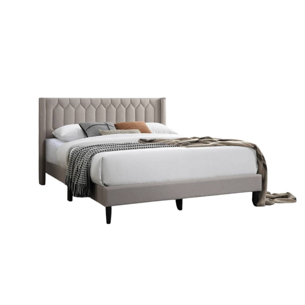 Jeo Queen Size Bed, Geometric Stitched Light Brown Burlap Upholstery -BM332430