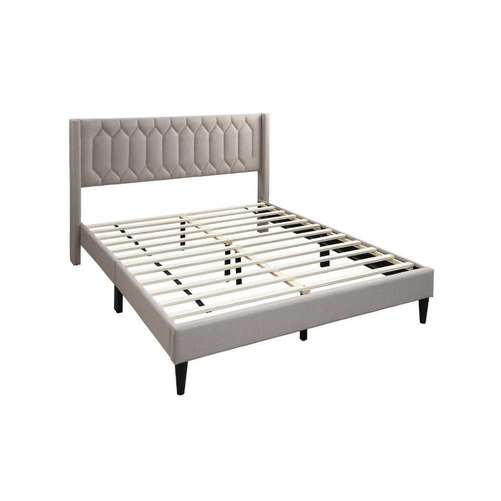 Jeo Queen Size Bed, Geometric Stitched Light Brown Burlap Upholstery -BM332430