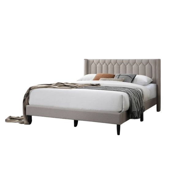 Jeo Queen Size Bed, Geometric Stitched Light Brown Burlap Upholstery -BM332430