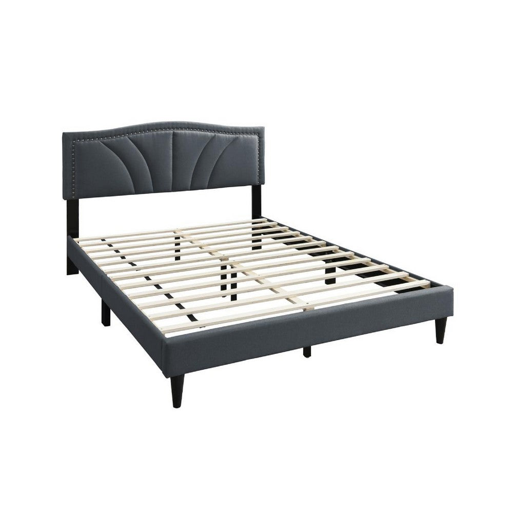 Reo Queen Size Bed, Charcoal Gray Burlap Upholstered Curved Headboard -BM332431