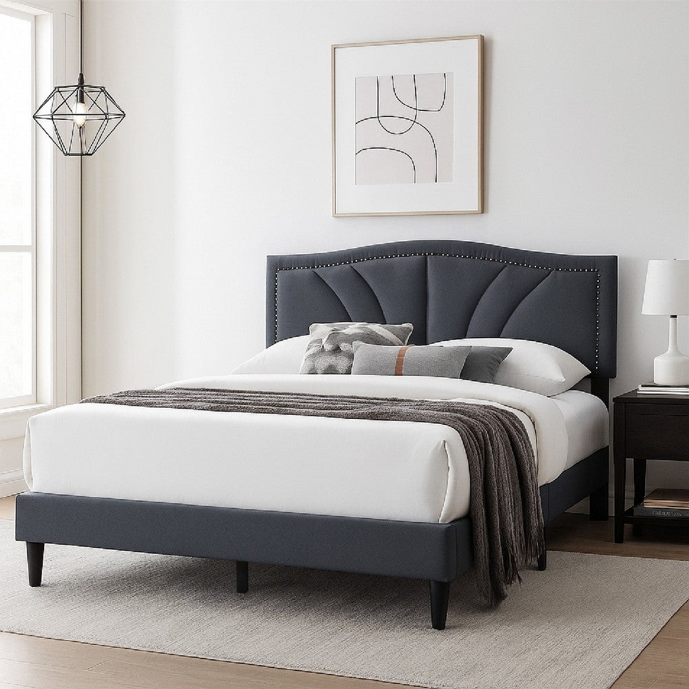 Reo Queen Size Bed, Charcoal Gray Burlap Upholstered Curved Headboard -BM332431