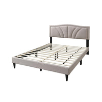 Reo Queen Size Bed, Light Brown Burlap Upholstered Curved Headboard -BM332432