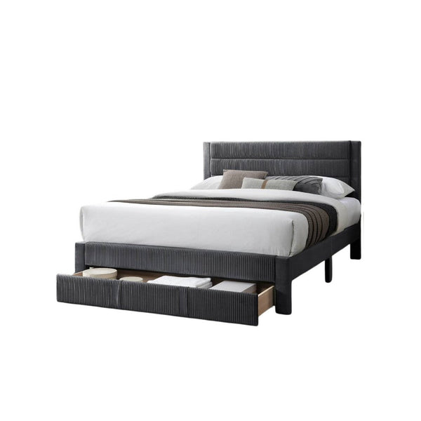 Heo Queen Size Bed w Storage Drawer, Dark Gray Corduroy Upholstery -BM332433