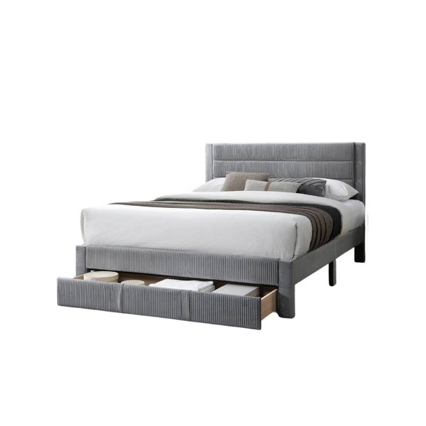 Heo Queen Size Bed w Storage Drawer, Light Gray Corduroy Upholstery -BM332434