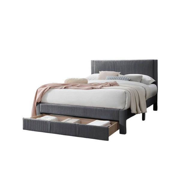 Peo Queen Size Bed w Storage Drawer, Charcoal Gray Corduroy Upholstery -BM332435