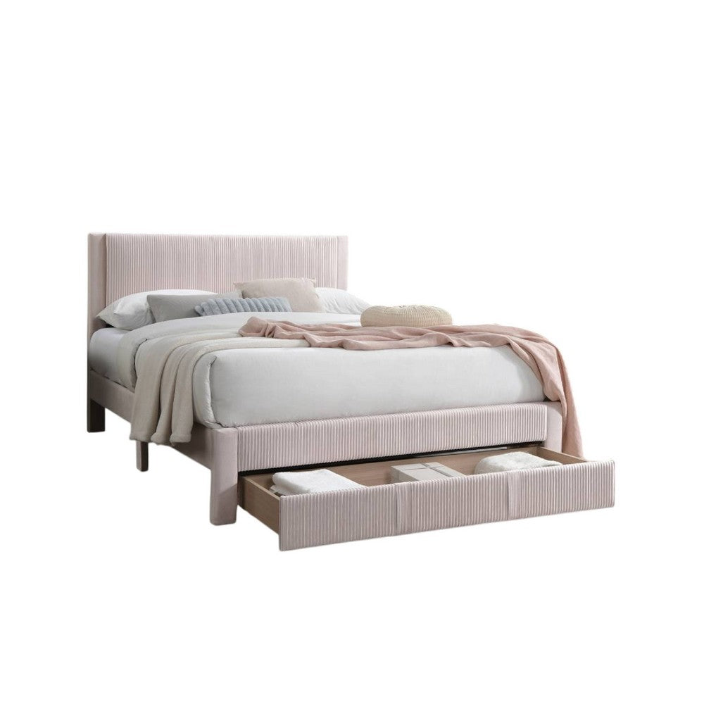 Peo Queen Size Bed w Storage Drawer, Light Pink Corduroy Upholstery -BM332436
