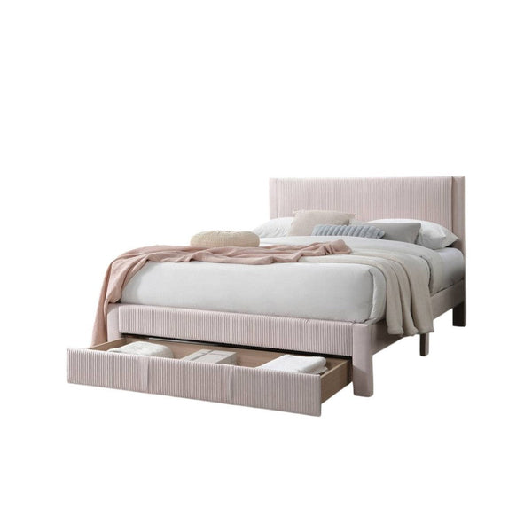 Peo Queen Size Bed w Storage Drawer, Light Pink Corduroy Upholstery -BM332436