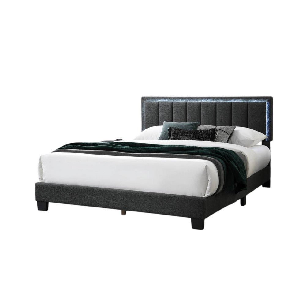 Zemo Queen Size Bed, LED Headboard, Charcoal Gray Wool Upholstery  -BM332437