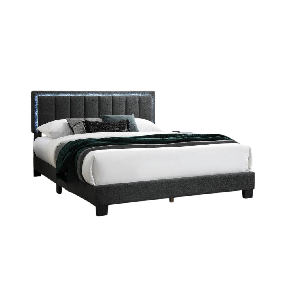 Zemo Queen Size Bed, LED Headboard, Charcoal Gray Wool Upholstery  -BM332437