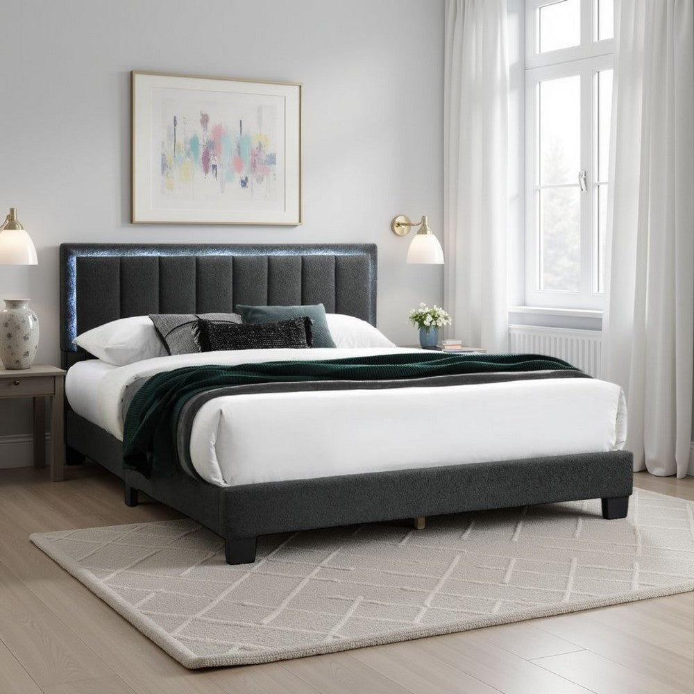 Zemo Queen Size Bed, LED Headboard, Charcoal Gray Wool Upholstery  -BM332437