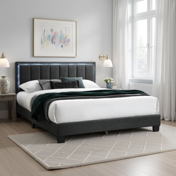 Zemo Queen Size Bed, LED Headboard, Charcoal Gray Wool Upholstery  -BM332437