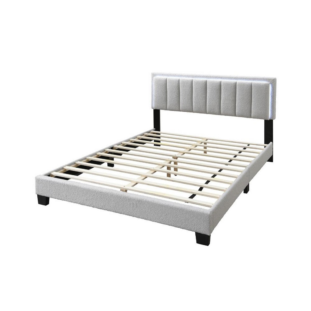 Zemo Queen Size Bed, LED Headboard, Tufted Light Gray Wool Upholstery -BM332438
