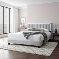Zemo Queen Size Bed, LED Headboard, Tufted Light Gray Wool Upholstery -BM332438