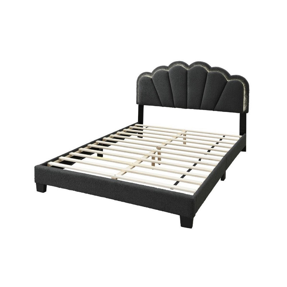 Geny Queen Size Bed, Charcoal Gray Wool Upholstery and LED, Glam Arch -BM332439