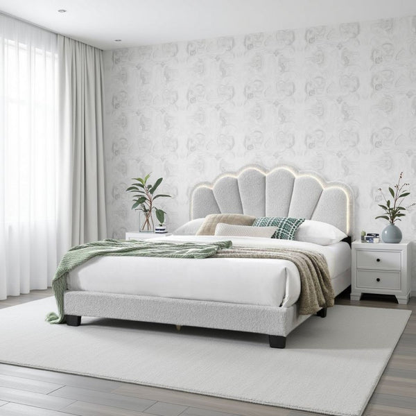 Geny Queen Size Bed, Classic White Wool Upholstery and LED, Glam Arch -BM332440