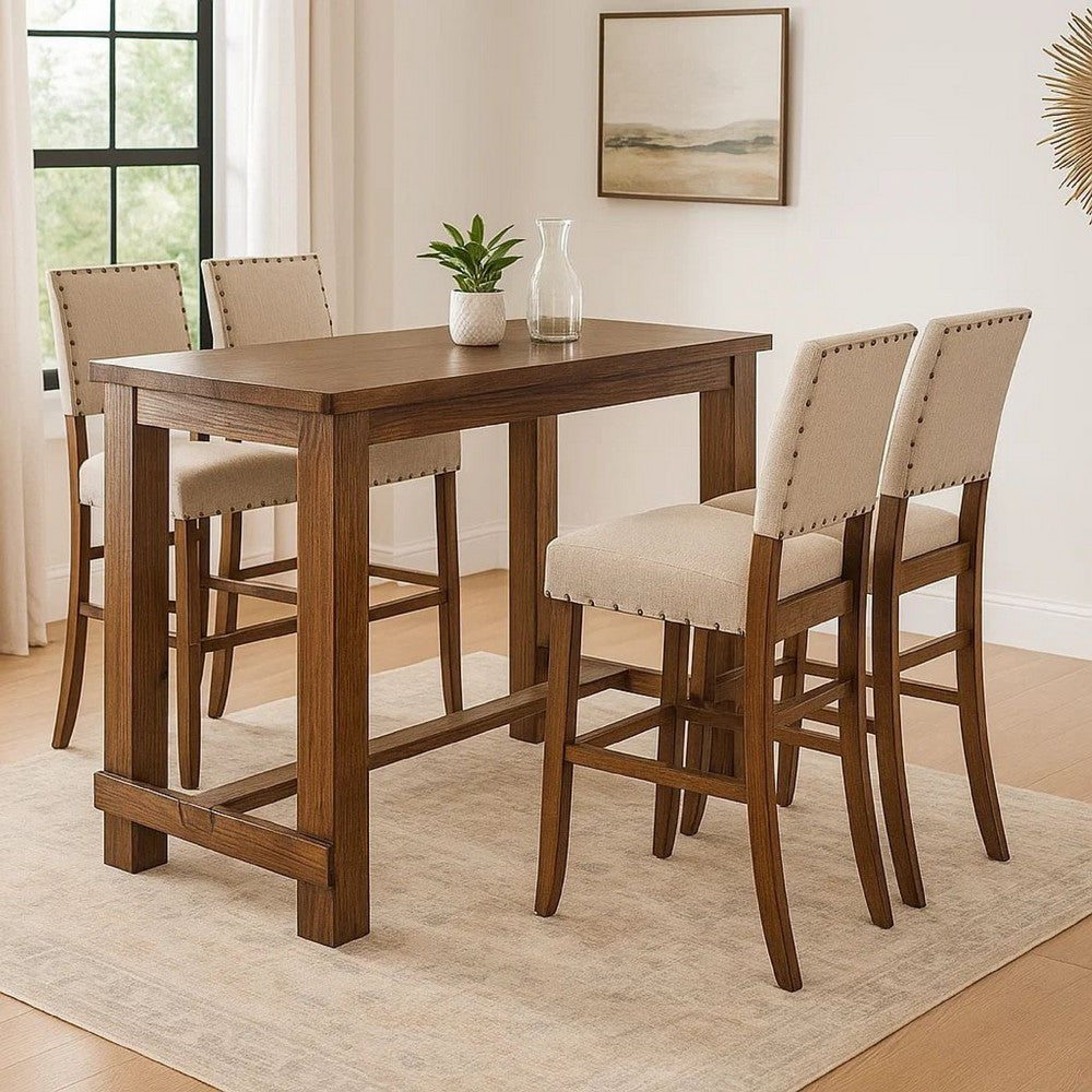 Bega 5pc Bar Height Table and Chair Set, Ivory Linen, Rustic Oak Wood - BM332465