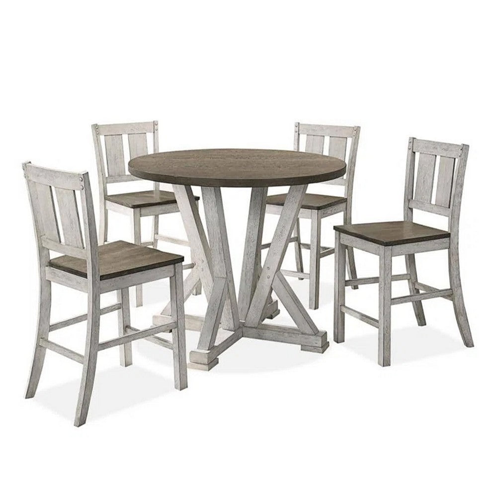 Koe 5pc Counter Height Round Table, Chair Set, White Brown Solid Wood - BM332493