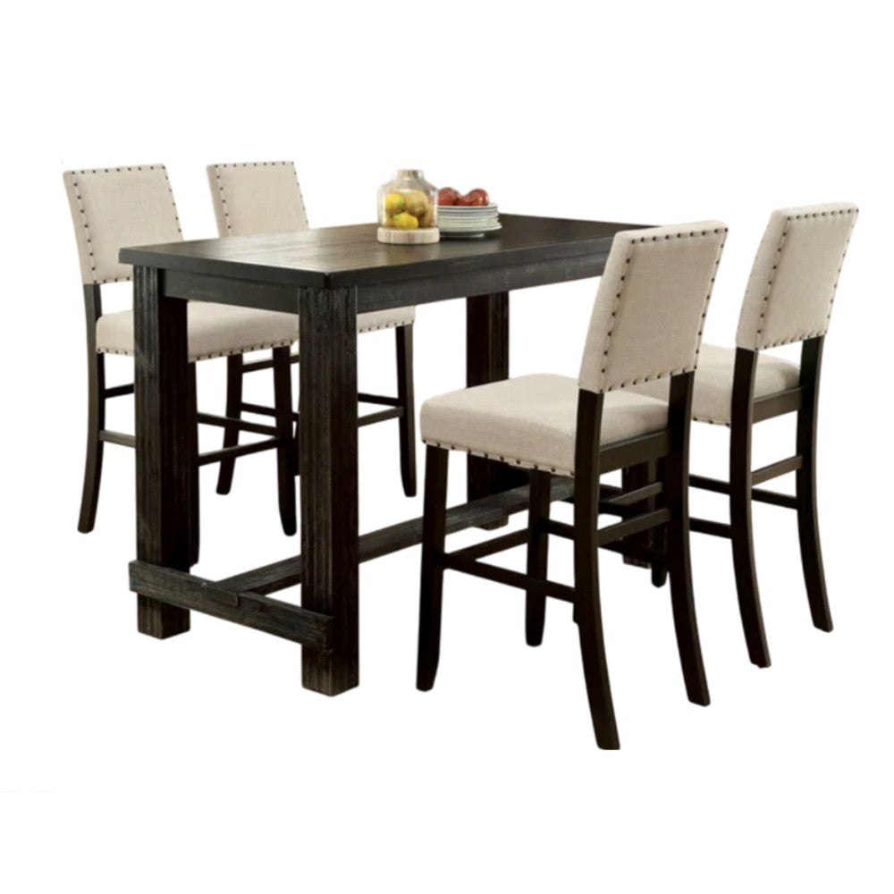 Bega 5pc Bar Height Table and Chair Set, Ivory, Black Solid Wood - BM332498