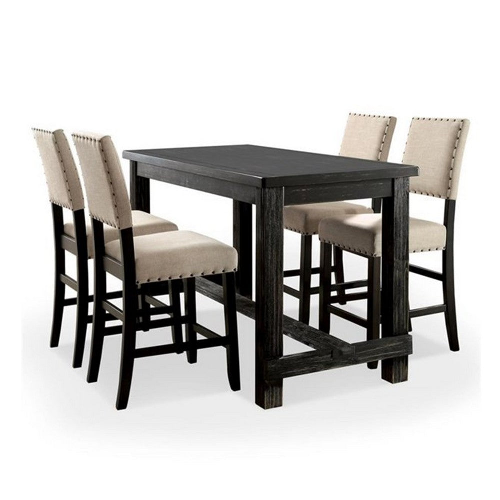 Bega 4pc Counter Height Table, Bench n Chair Set, Ivory Fabric, Black - BM332499