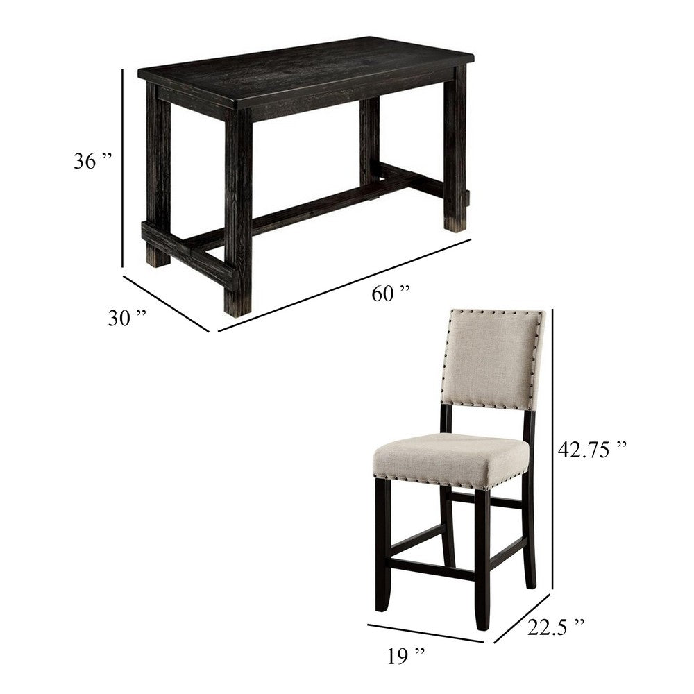 Bega 4pc Counter Height Table, Bench n Chair Set, Ivory Fabric, Black - BM332499