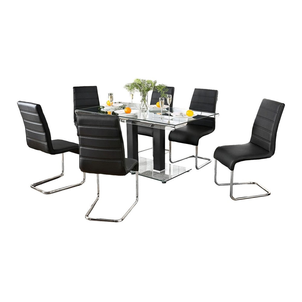 Fely 7pc Dining Table and Chair Set, Glass Top, Black Faux Leather - BM332504