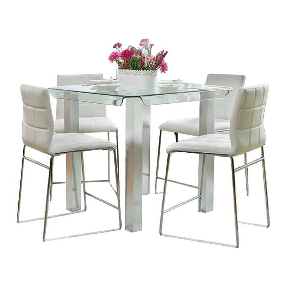 Fely 5pc Counter Height Table Chair Set, White Faux Leather, Glass Top - BM332505