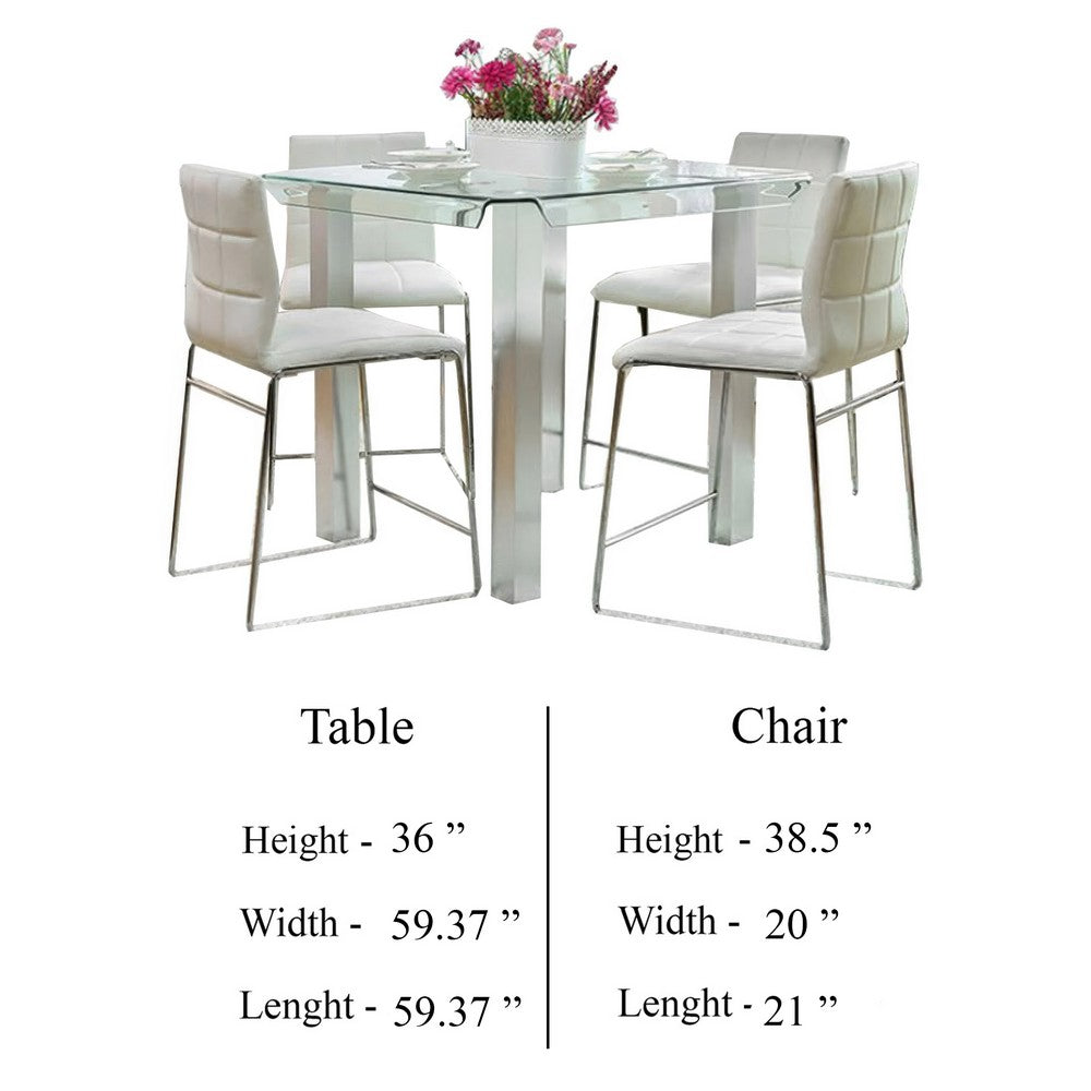 Fely 5pc Counter Height Table Chair Set, White Faux Leather, Glass Top - BM332505