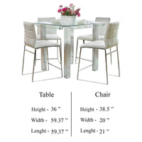 Fely 5pc Counter Height Table Chair Set, White Faux Leather, Glass Top - BM332505