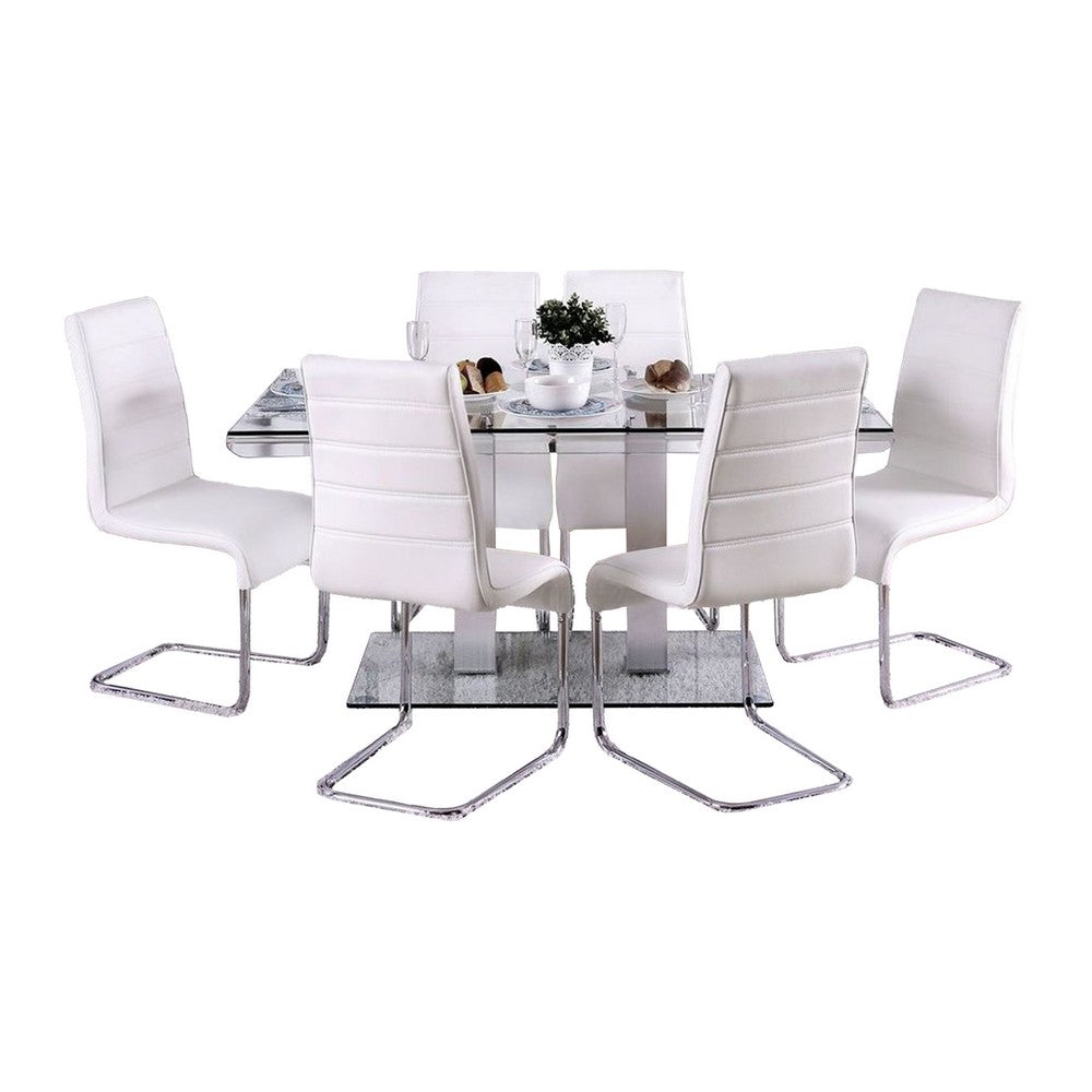 Fely 7pc Dining Table and Chair Set, Glass Top, White Faux Leather - BM332506