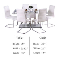 Fely 7pc Dining Table and Chair Set, Glass Top, White Faux Leather - BM332506
