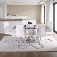 Fely 7pc Dining Table and Chair Set, Glass Top, White Faux Leather - BM332506