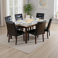 Ery 7pc Dining Table and Chair Set, Genuine Marble, Brown Faux Leather - BM332509