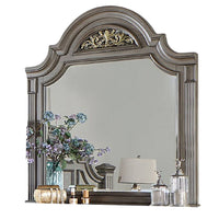 Recus Dresser Mirror, 49 Inch Floral Arched Shape, Gray Solid Wood -BM332565