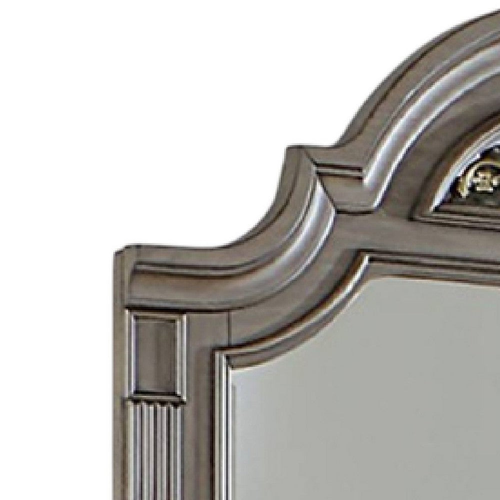 Recus Dresser Mirror, 49 Inch Floral Arched Shape, Gray Solid Wood -BM332565