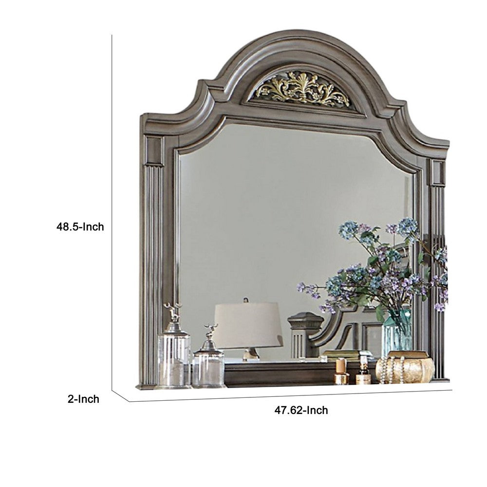 Recus Dresser Mirror, 49 Inch Floral Arched Shape, Gray Solid Wood -BM332565
