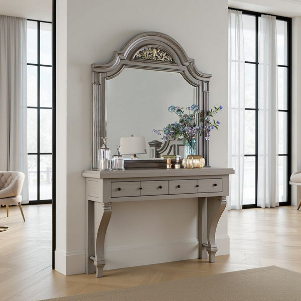 Recus Dresser Mirror, 49 Inch Floral Arched Shape, Gray Solid Wood -BM332565
