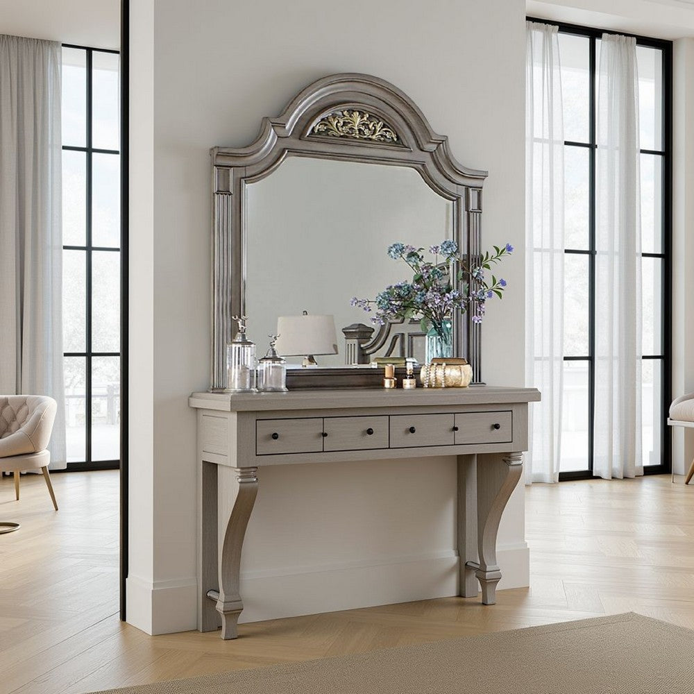 Recus Dresser Mirror, 49 Inch Floral Arched Shape, Gray Solid Wood -BM332565