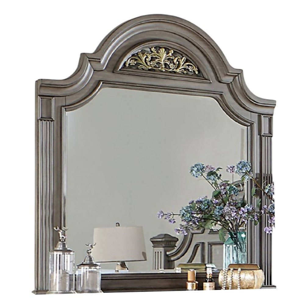 Recus Dresser Mirror, 49 Inch Floral Arched Shape, Gray Solid Wood -BM332565