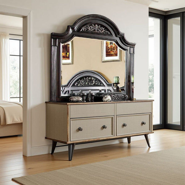 Recus Dresser Mirror, 49 Inch Carved Floral Walnut Brown Solid Wood -BM332566